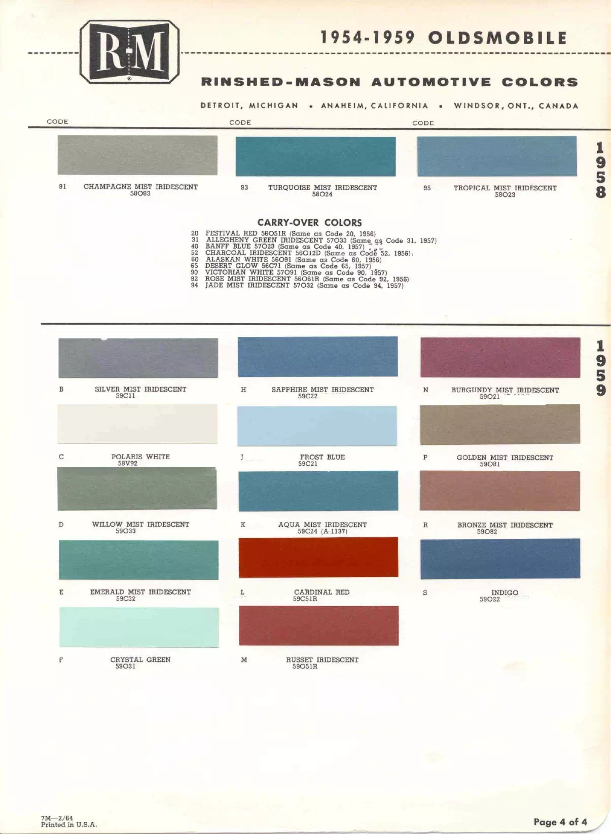 1959 Oldsmobile Paint Codes & Color Chart Paint color examples, their ordering codes, the oem color code, and vehicles the color was used on