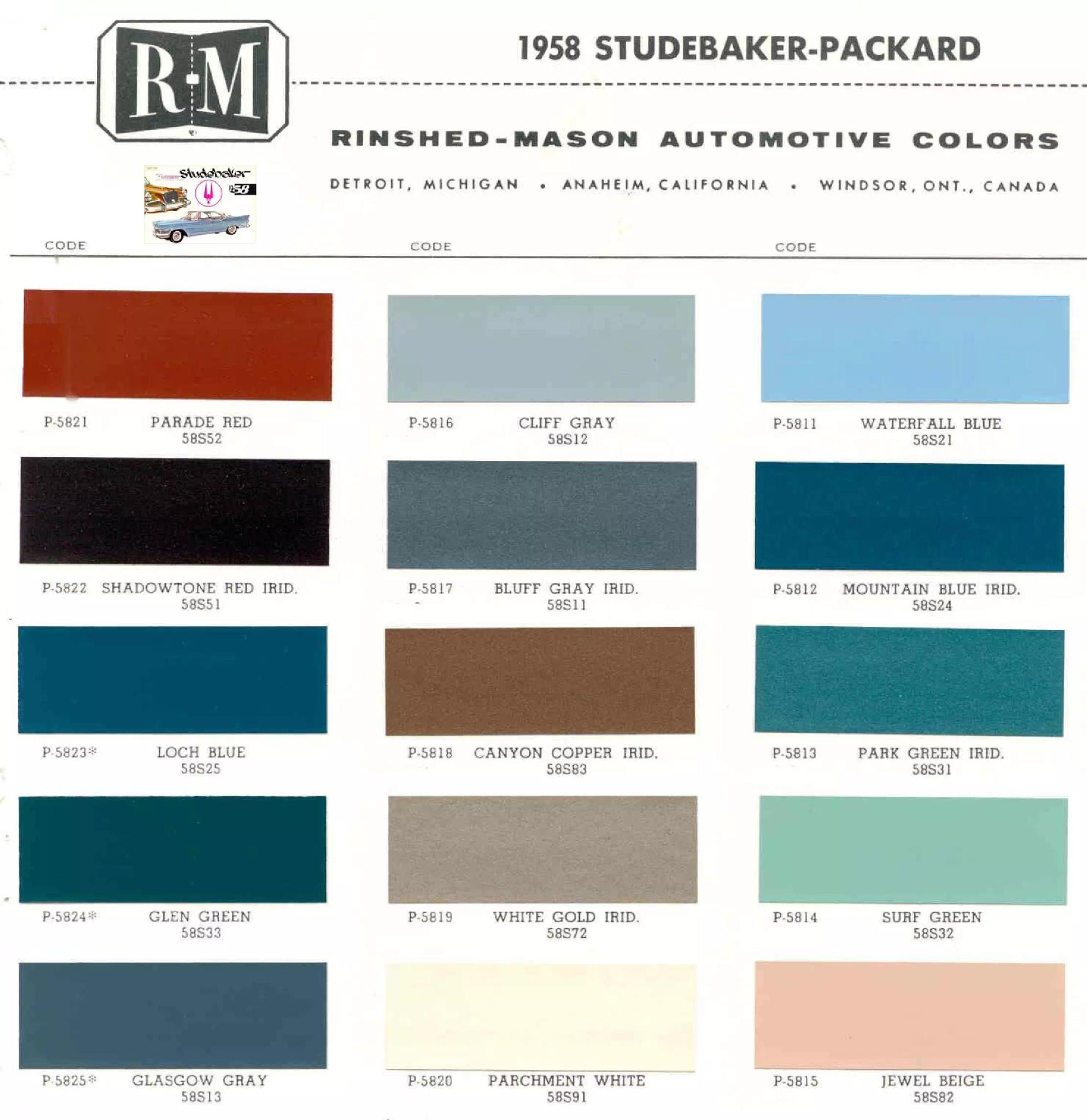 1958 Packard Paint Chart and Paint Codes Summary of all Colors and Codes used on Packard