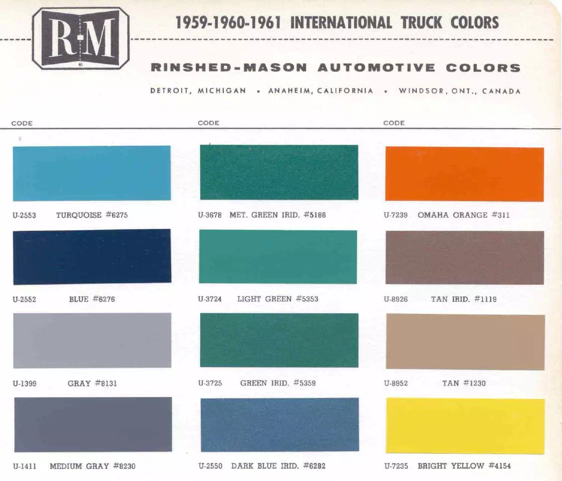 1959 International Trucks Paint Codes & Color Chart Paint color examples, their ordering codes, the oem color code, and vehicles the color was used on