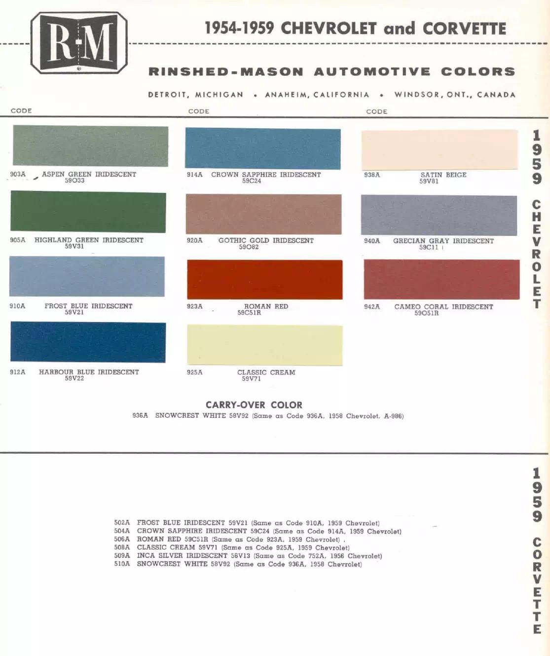 1959 Chevrolet Paint Codes & Color Chart Paint color examples, their ordering codes, the oem color code, and vehicles the color was used on