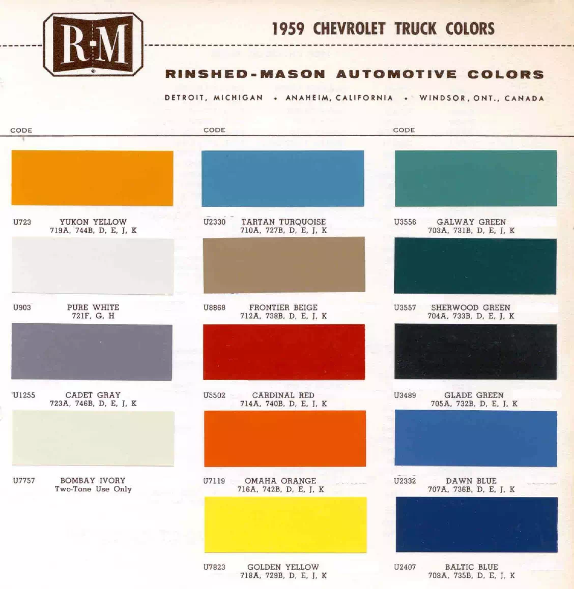 1959 Chevrolet Trucks Paint Codes & Color Chart Paint color examples, their ordering codes, the oem color code, and vehicles the color was used on