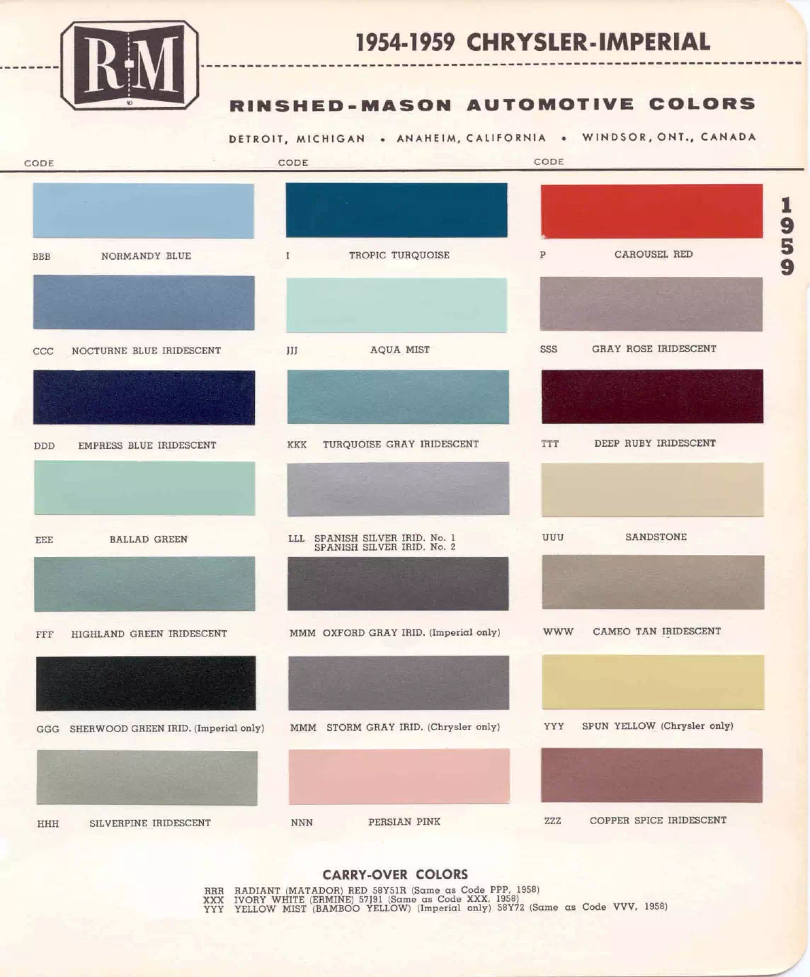 1959 Chrysler Paint Codes & Color Chart Paint color examples, their ordering codes, the oem color code, and vehicles the color was used on