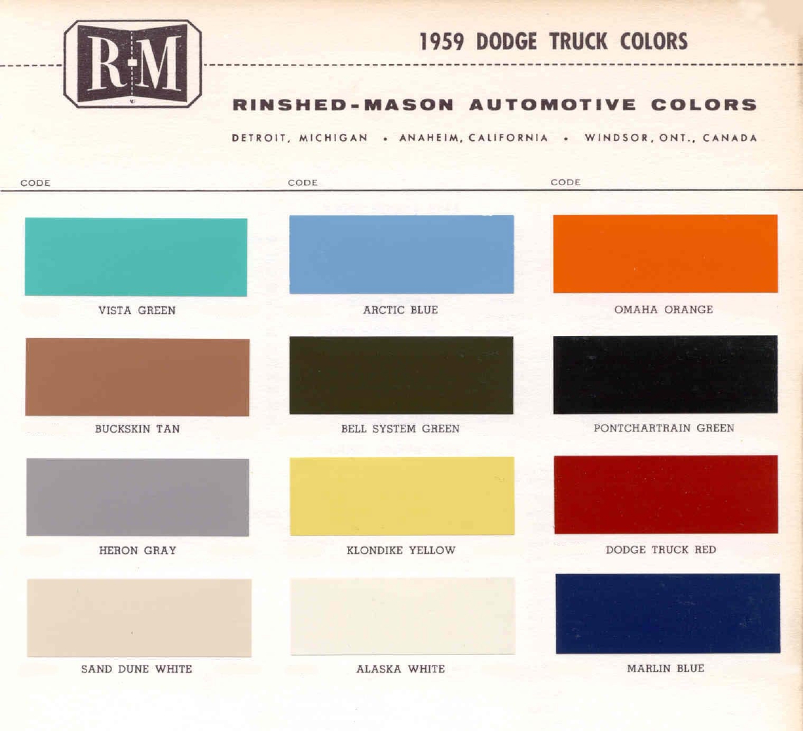 1959 Dodge Trucks Paint Codes & Color Chart Paint color examples, their ordering codes, the oem color code, and vehicles the color was used on