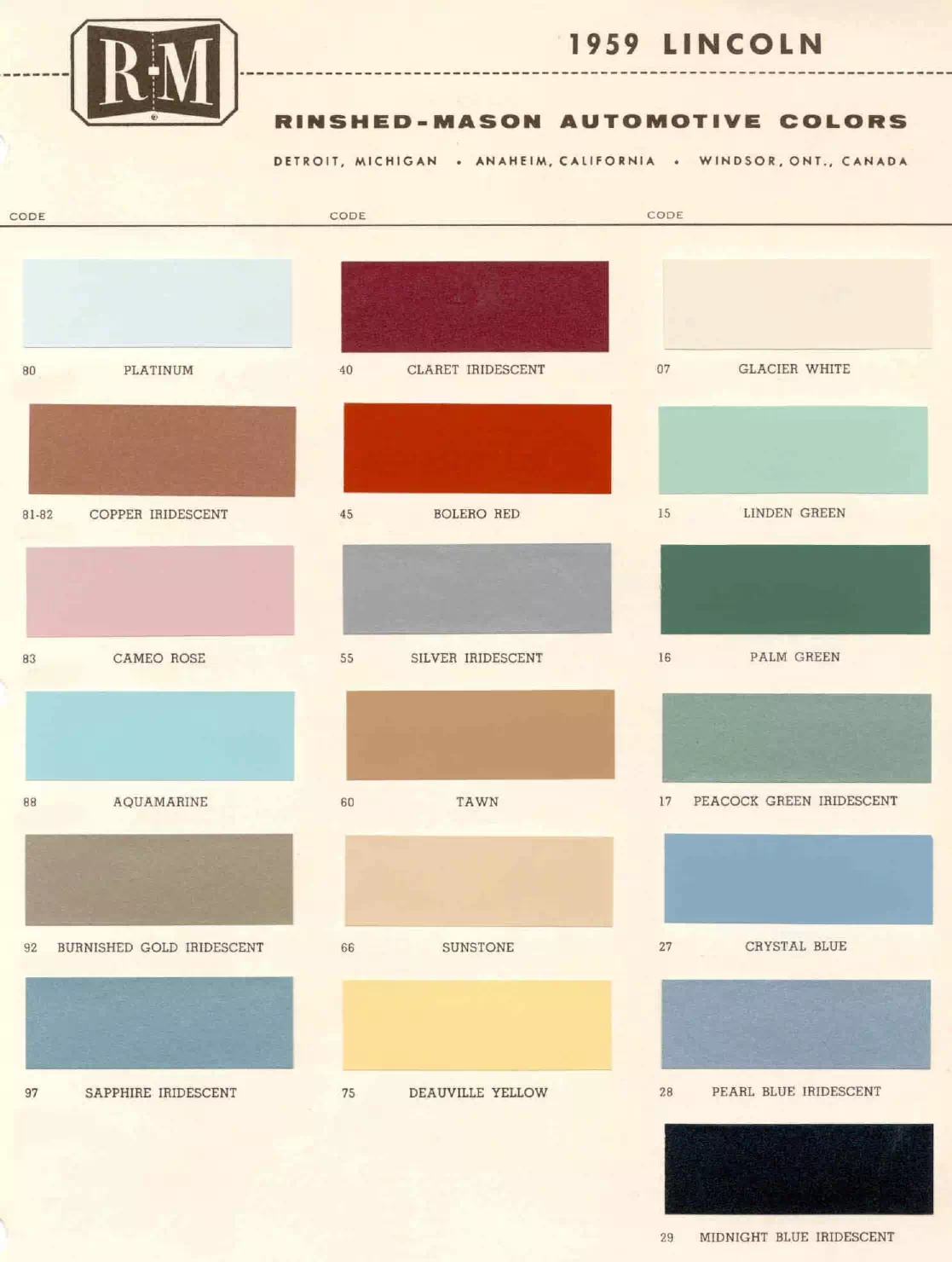 1959 Lincoln Paint Codes & Color Chart