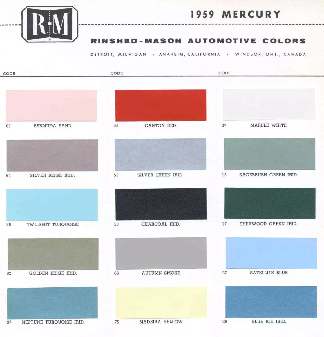 1959 Mercury Paint Codes & Color Chart Paint color examples, their ordering codes, the oem color code, and vehicles the color was used on