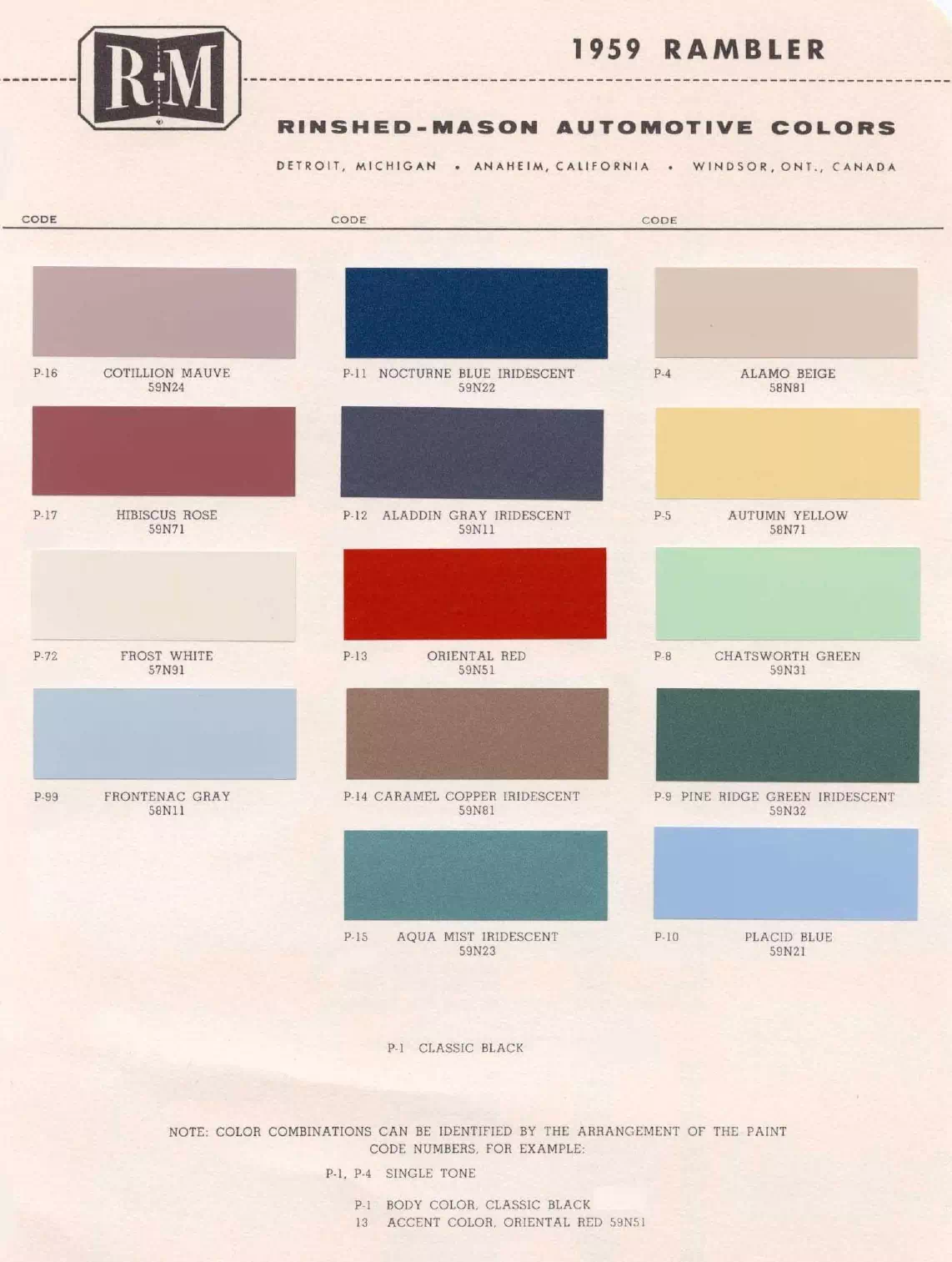 1959 Rambler Paint Codes & Color Chart Paint color examples, their ordering codes, the oem color code, and vehicles the color was used on