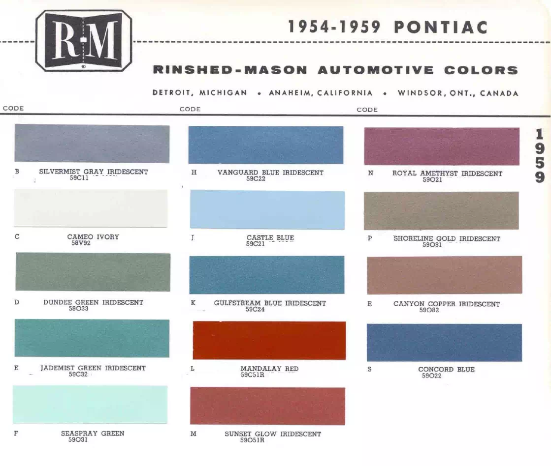 1959 Pontiac Paint Codes & Color Chart Paint color examples, their ordering codes, the oem color code, and vehicles the color was used on