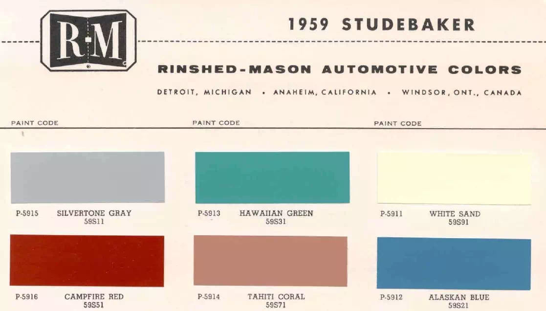1959 Studebaker & Packard Paint Codes & Color Chart Paint color examples, their ordering codes, the oem color code, and vehicles the color was used on