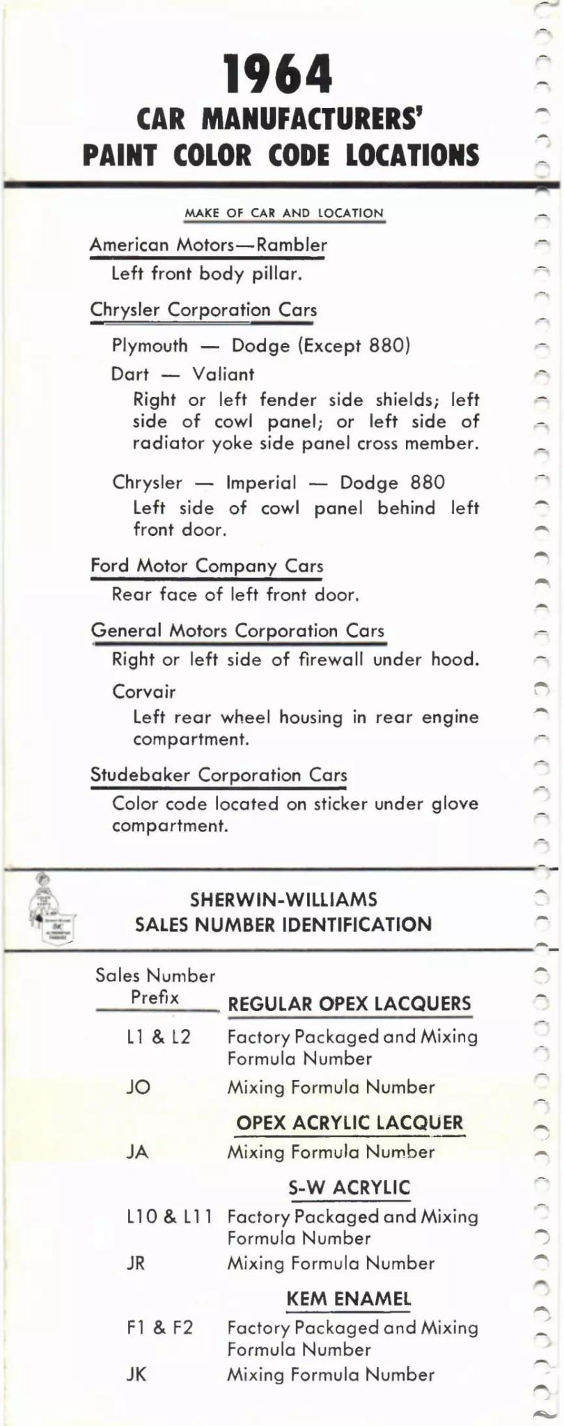 1964 Paint Code Color Book Paint Code Locations Paint color examples, their ordering codes, the oem color code, and vehicles the color was used on