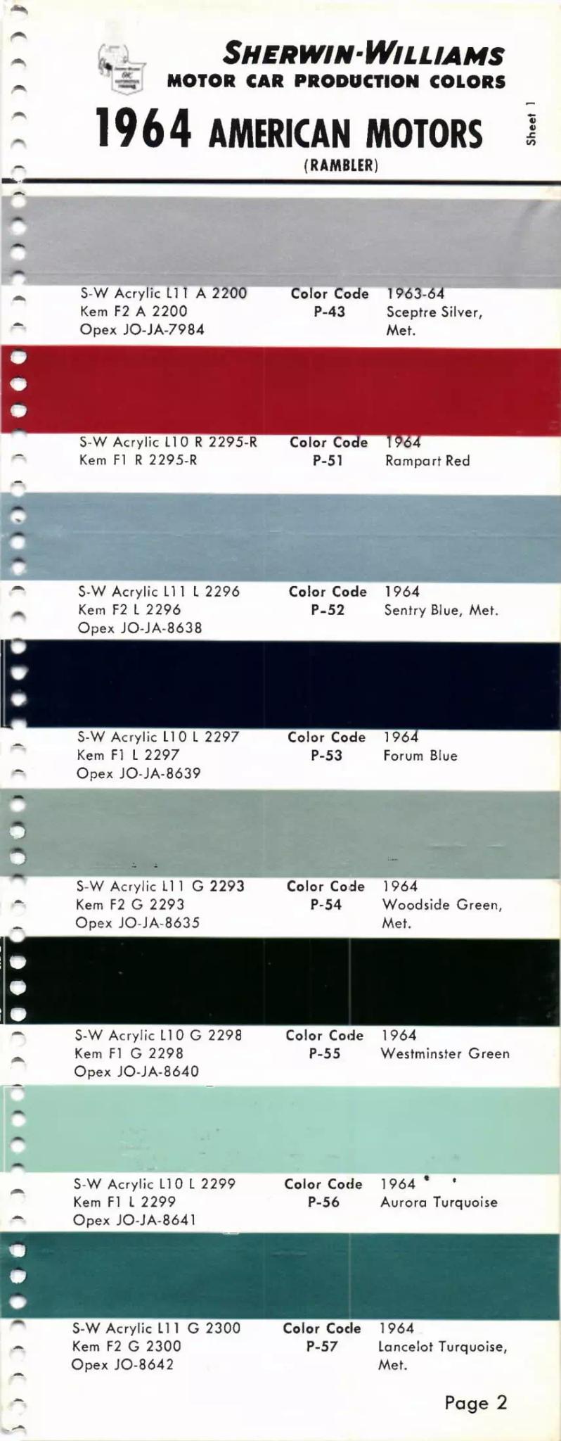 1964 Paint Code Color Book American Motors Rambler Vehicles Paint Codes & Color Chart Paint color examples, their ordering codes, the oem color code, and vehicles the color was used on