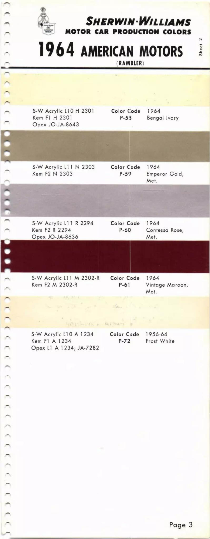 1964 Paint Code Color Book American Motors Rambler Vehicles Paint Codes & Color Chart Paint color examples, their ordering codes, the oem color code, and vehicles the color was used on