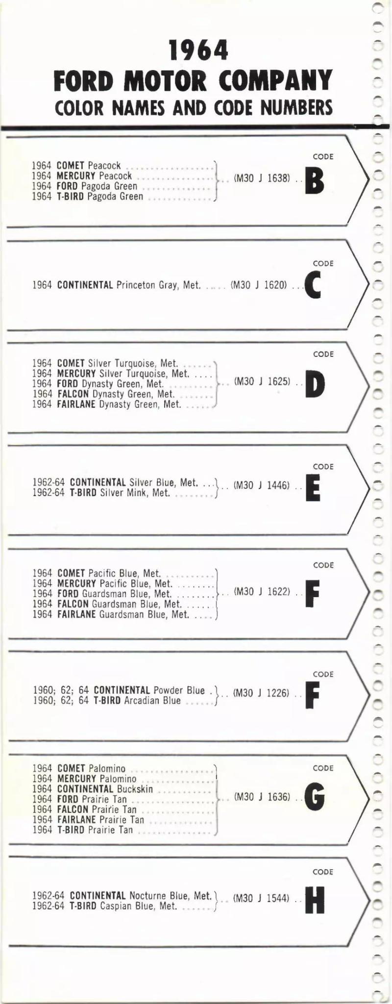 1964 Paint Code Color Book Ford Section Comet, Continental, Fairlane, Falcon, Mercury & T-Bird Paint Codes & Color Chart Paint color examples, their ordering codes, the oem color code, and vehicles the color was used on