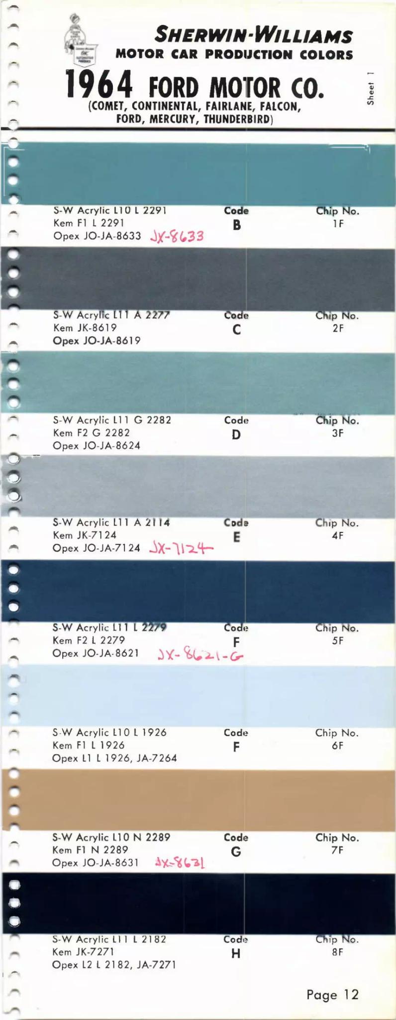 1964 Paint Code Color Book Ford Section Comet, Continental, Fairlane, Falcon, Mercury & T-Bird Paint Codes & Color Chart Paint color examples, their ordering codes, the oem color code, and vehicles the color was used on