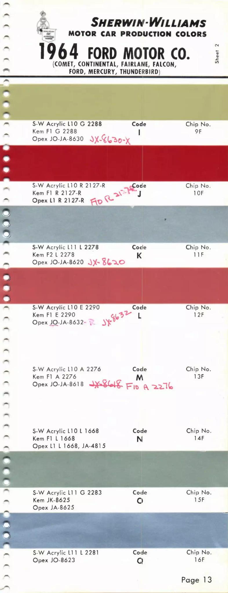 1964 Paint Code Color Book Ford Section Comet, Continental, Fairlane, Falcon, Mercury & T-Bird Paint Codes & Color Chart Paint color examples, their ordering codes, the oem color code, and vehicles the color was used on