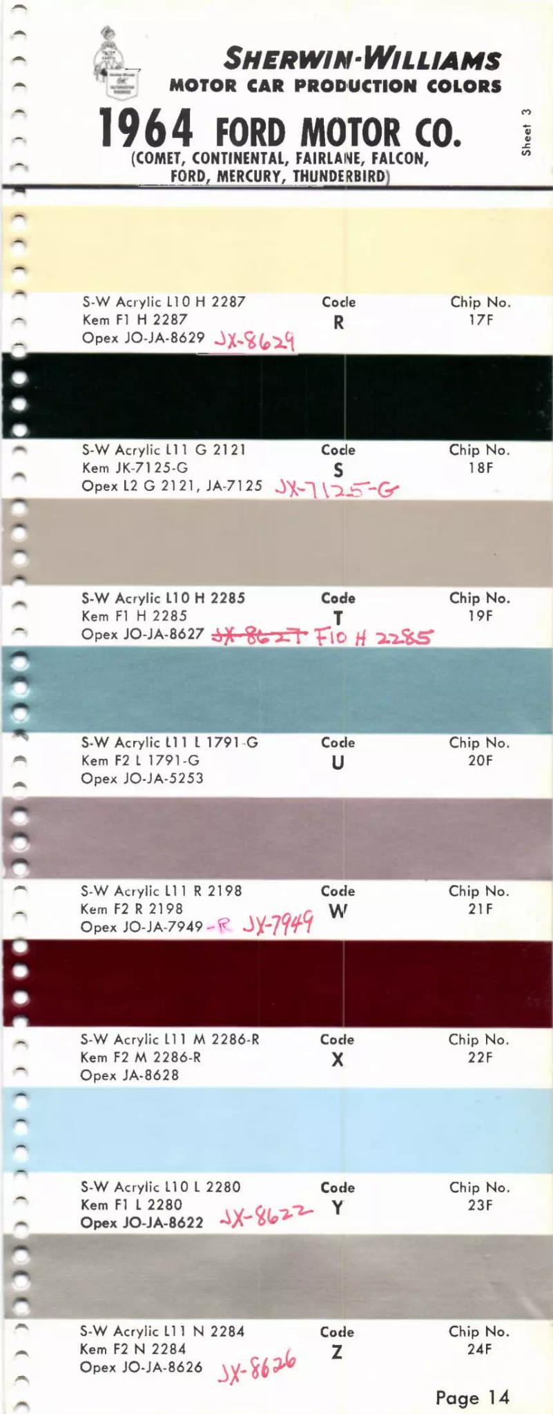 1964 Paint Code Color Book Ford Section Comet, Continental, Fairlane, Falcon, Mercury & T-Bird Paint Codes & Color Chart Paint color examples, their ordering codes, the oem color code, and vehicles the color was used on