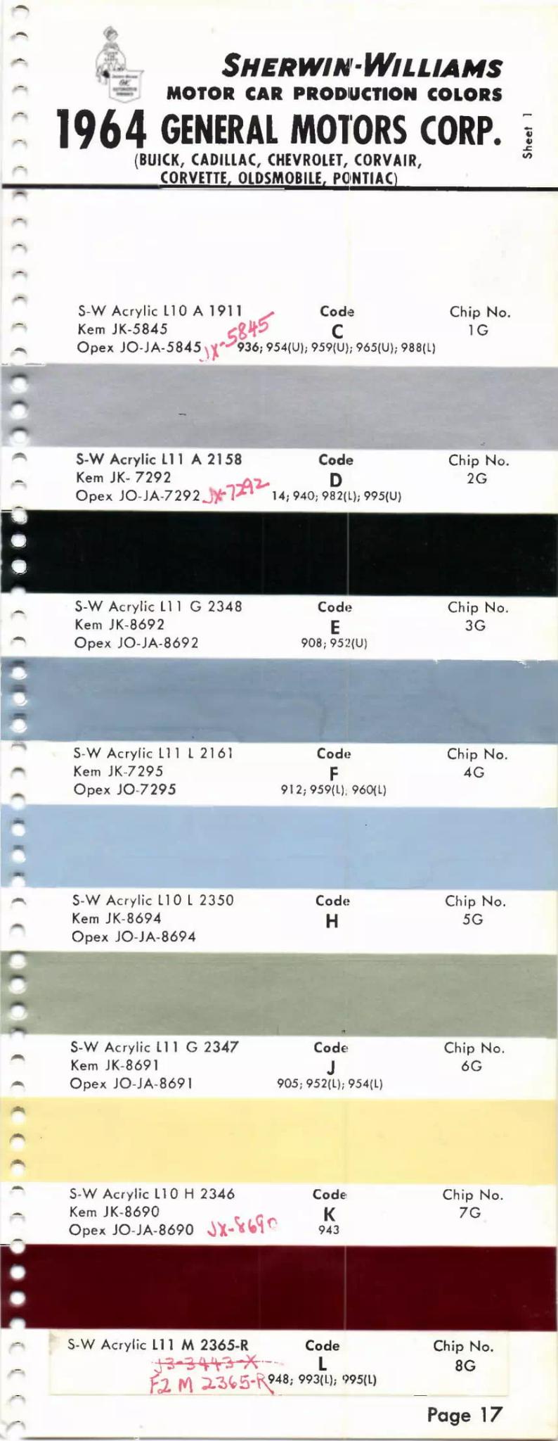 1964 Paint Code Color Book General Motors Section: Buick, Cadillac, Chevrolet, Corvette, Oldsmobile, F-85, Pontiac & Tempest Paint Codes & Color Chart Paint color examples, their ordering codes, the oem color code, and vehicles the color was used on