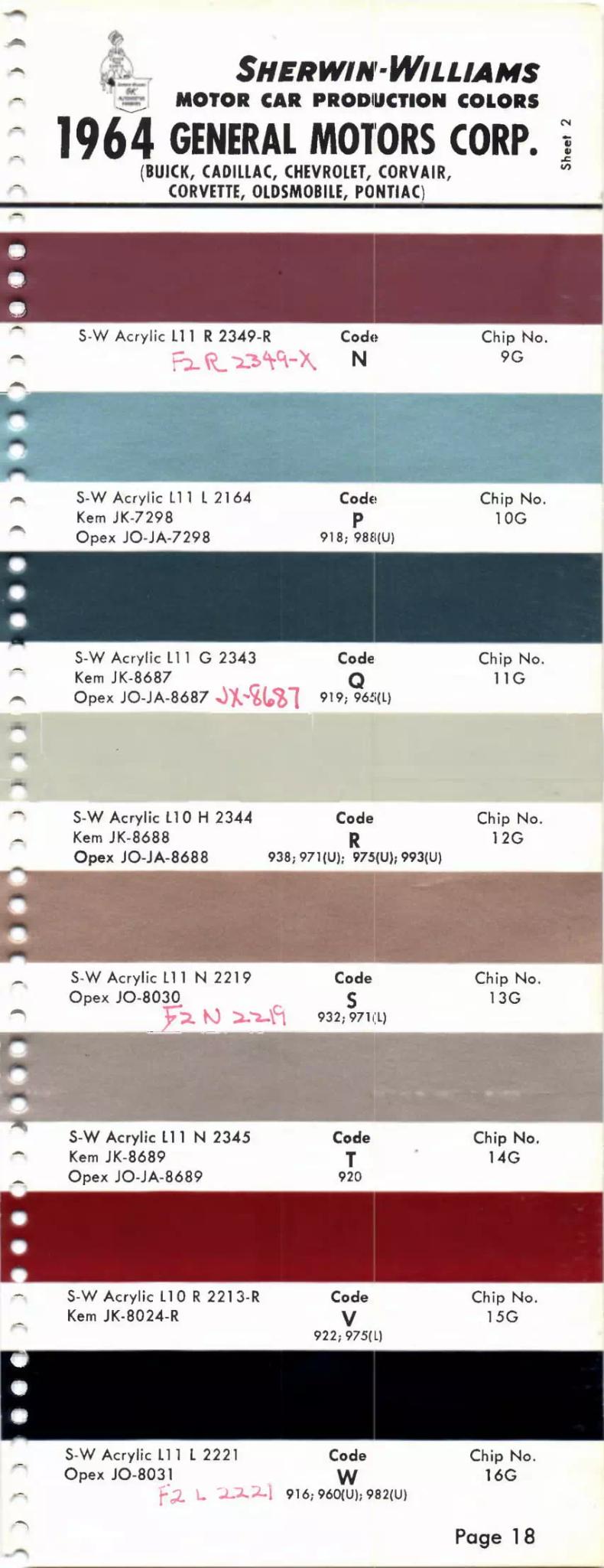1964 Paint Code Color Book General Motors Section: Buick, Cadillac, Chevrolet, Corvette, Oldsmobile, F-85, Pontiac & Tempest Paint Codes & Color Chart Paint color examples, their ordering codes, the oem color code, and vehicles the color was used on