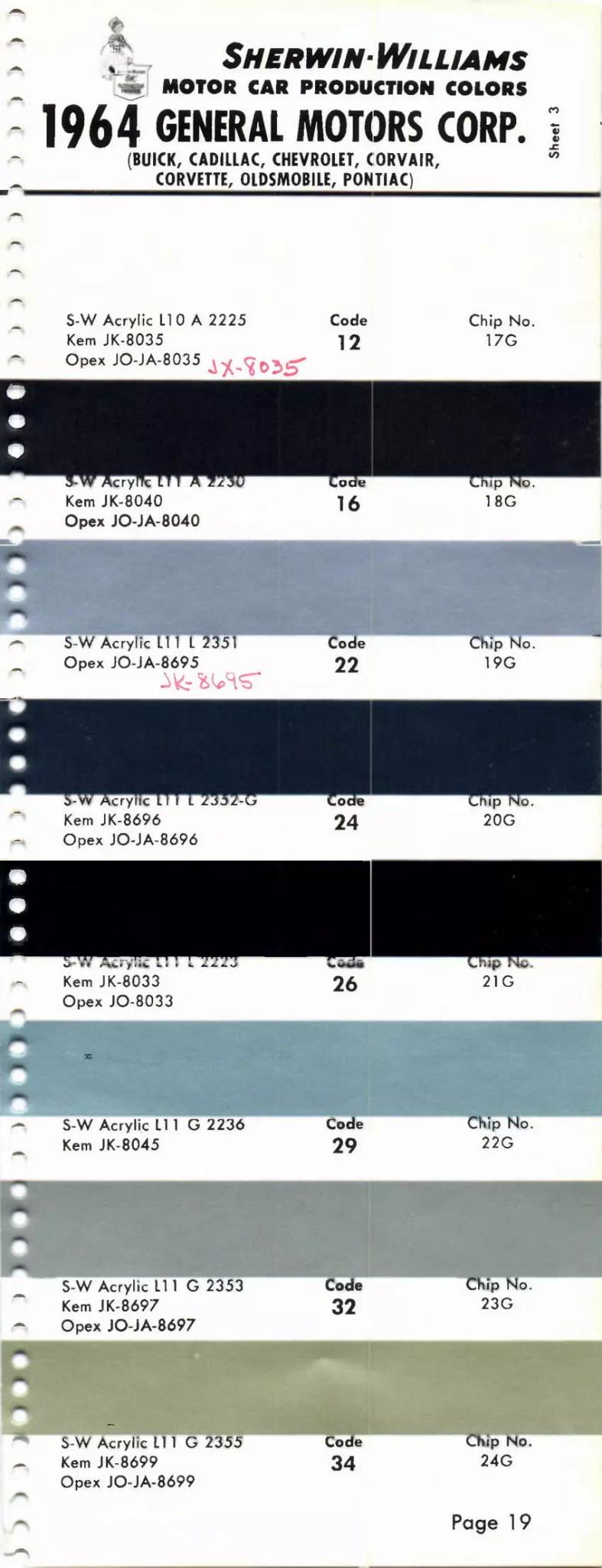 1964 Paint Code Color Book General Motors Section: Buick, Cadillac, Chevrolet, Corvette, Oldsmobile, F-85, Pontiac & Tempest Paint Codes & Color Chart Paint color examples, their ordering codes, the oem color code, and vehicles the color was used on