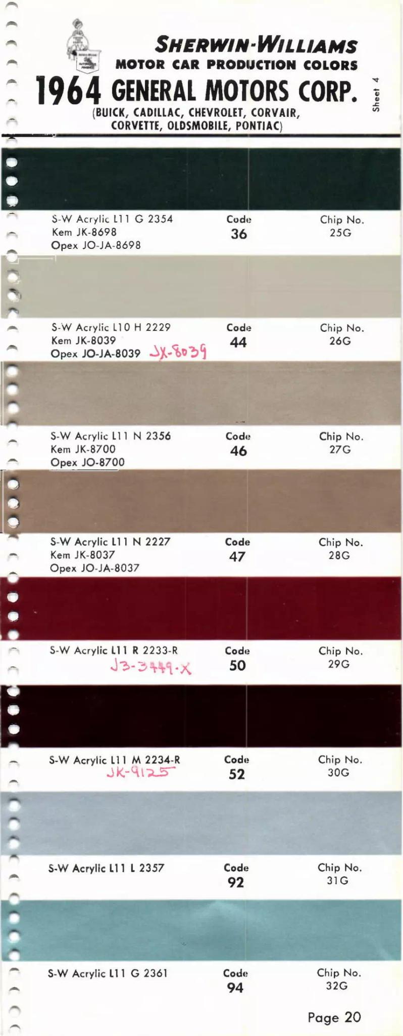 1964 Paint Code Color Book General Motors Section: Buick, Cadillac, Chevrolet, Corvette, Oldsmobile, F-85, Pontiac & Tempest Paint Codes & Color Chart Paint color examples, their ordering codes, the oem color code, and vehicles the color was used on