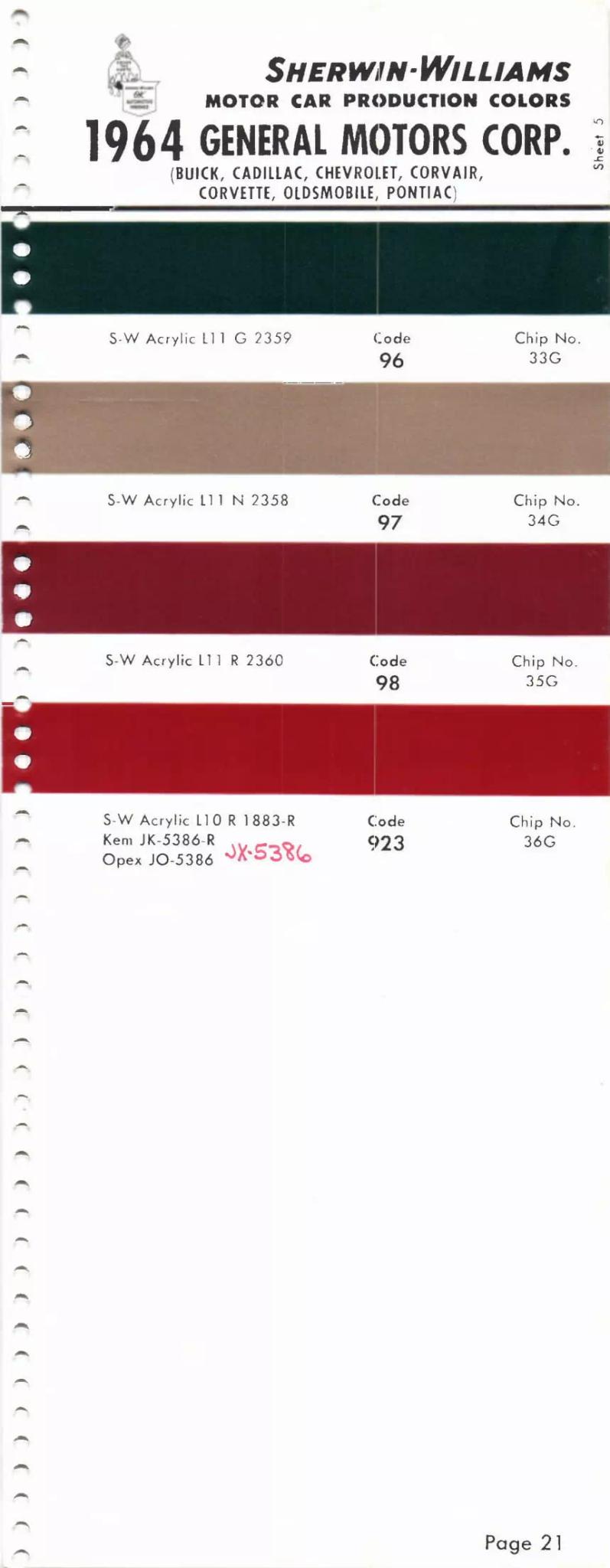 1964 Paint Code Color Book General Motors Section: Buick, Cadillac, Chevrolet, Corvette, Oldsmobile, F-85, Pontiac & Tempest Paint Codes & Color Chart Paint color examples, their ordering codes, the oem color code, and vehicles the color was used on