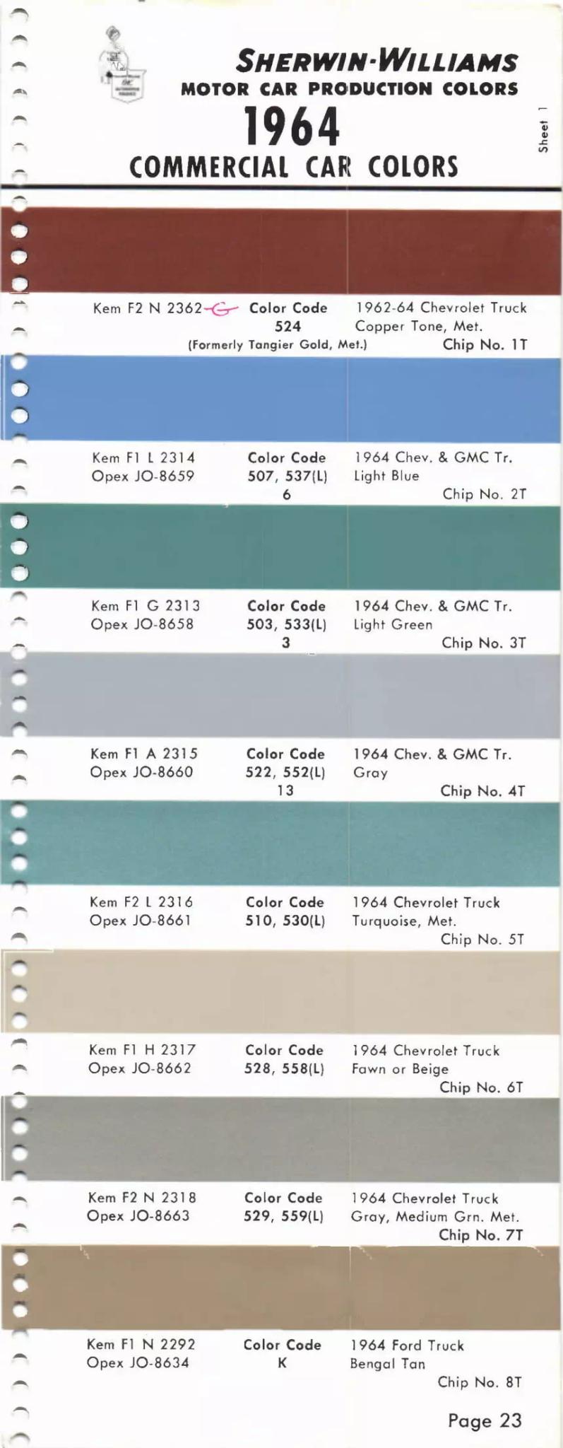 1964 Paint Code Color Book Chevrolet, Dodge & Ford Trucks Paint Codes & Color Chart Paint color examples, their ordering codes, the oem color code, and vehicles the color was used on