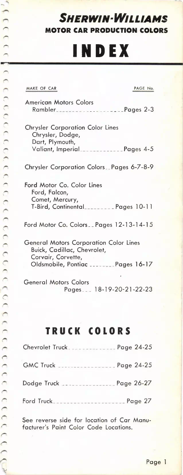 1965 Automotive finish color manual index Paint color examples, their ordering codes, the oem color code, and vehicles the color was used on