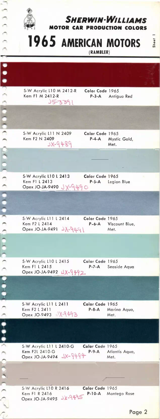 1965 AMC Rambler Paint Codes and Color Chart Paint color examples, their ordering codes, the oem color code, and vehicles the color was used on