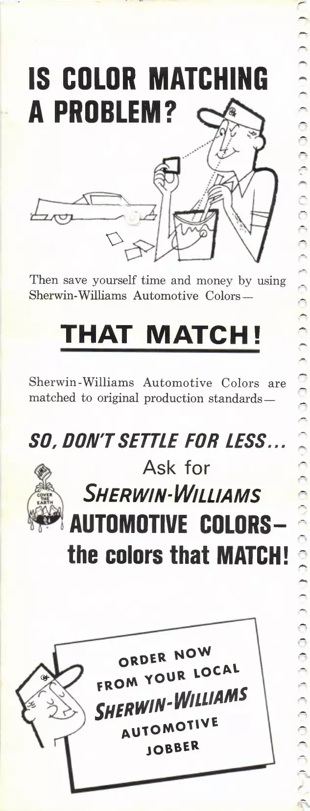 1965 Sherwin Williams Automotive Advertistement Paint color examples, their ordering codes, the oem color code, and vehicles the color was used on