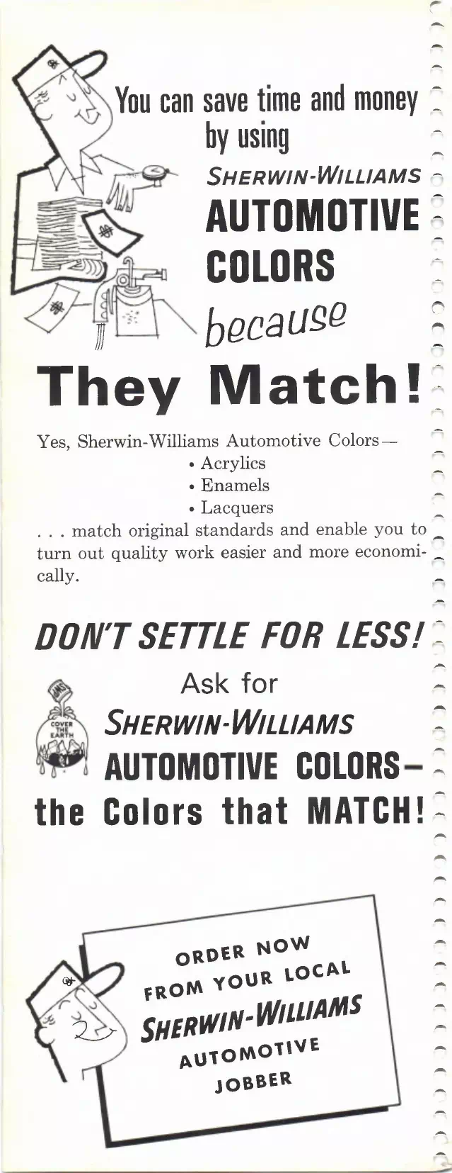 1965 Sherwin Williams Automotive Paint Advertisement Paint color examples, their ordering codes, the oem color code, and vehicles the color was used on