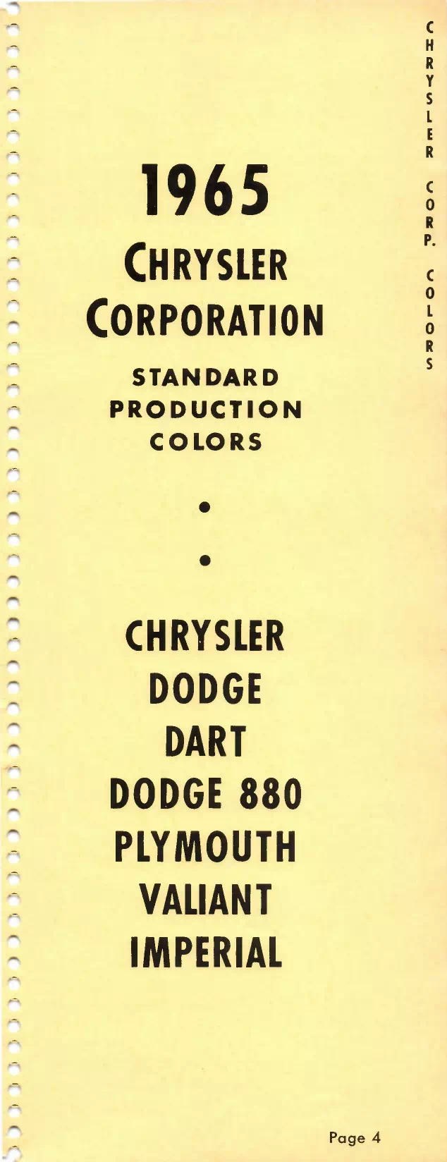 1965 Chrysler, Dodge, Dart, 88, Plymouth, Valiant & Imperial Paint Codes and Color Chart Paint color examples, their ordering codes, the oem color code, and vehicles the color was used on