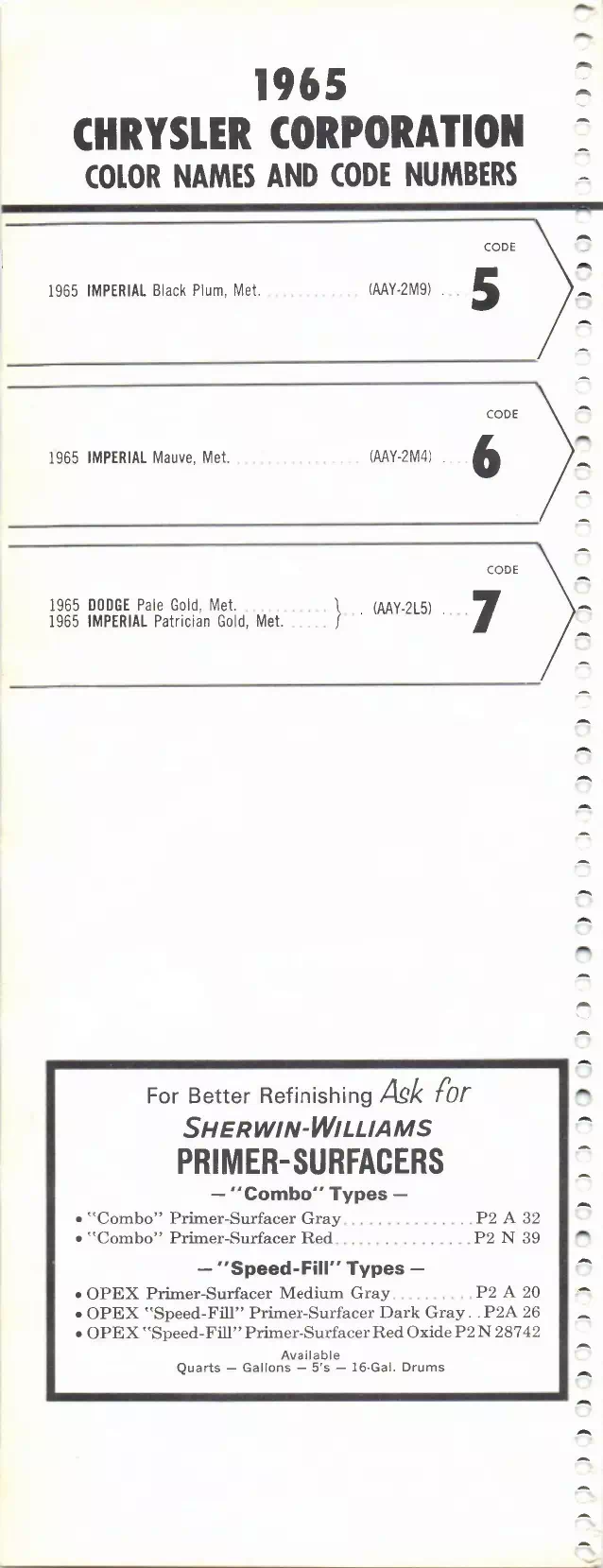 1965 Chrysler, Dodge, Dart, 88, Plymouth, Valiant & Imperial Paint Codes and Color Chart Paint color examples, their ordering codes, the oem color code, and vehicles the color was used on