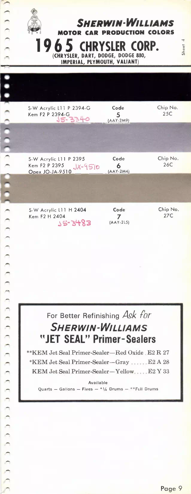 1965 Chrysler, Dodge, Dart, 88, Plymouth, Valiant & Imperial Paint Codes and Color Chart Paint color examples, their ordering codes, the oem color code, and vehicles the color was used on