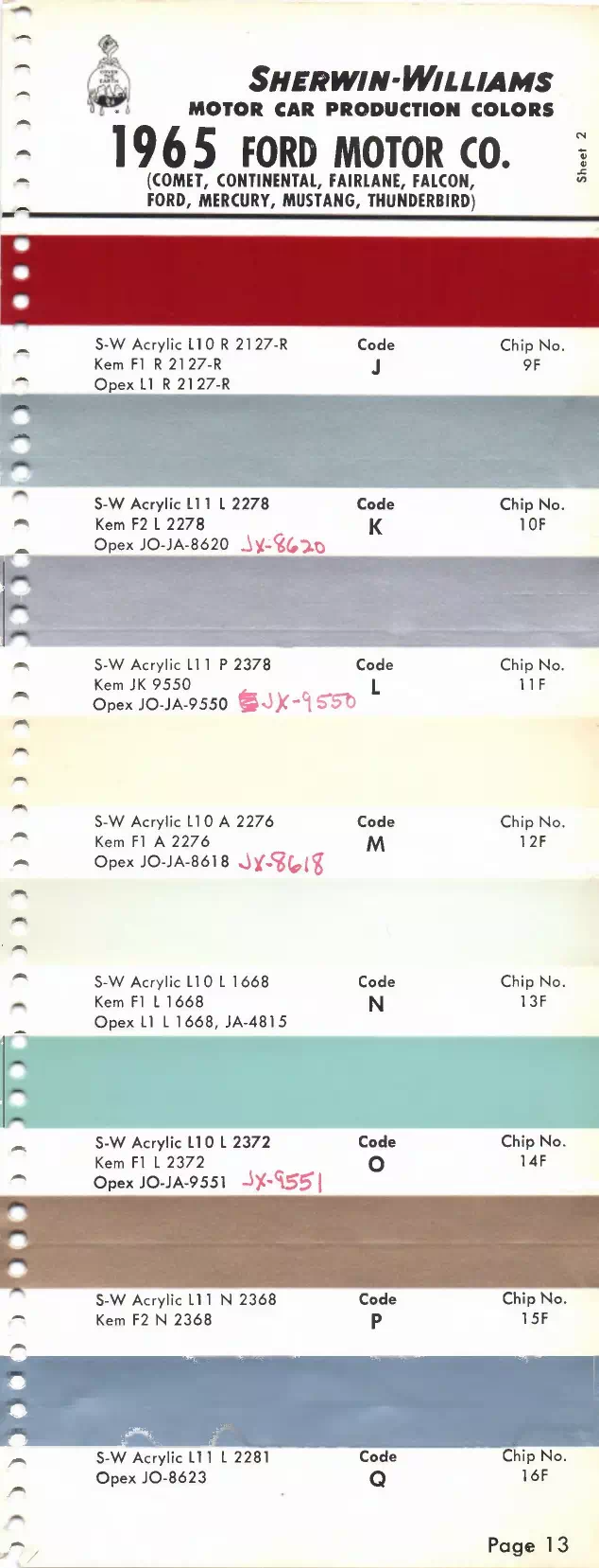 1965 Ford Motor Company, Comet, Lincoln, Continental, Fairlane, Falcon, Galaxie, Mercury, Mustang & T-Bird Paint Codes & Color Chart Paint color examples, their ordering codes, the oem color code, and vehicles the color was used on