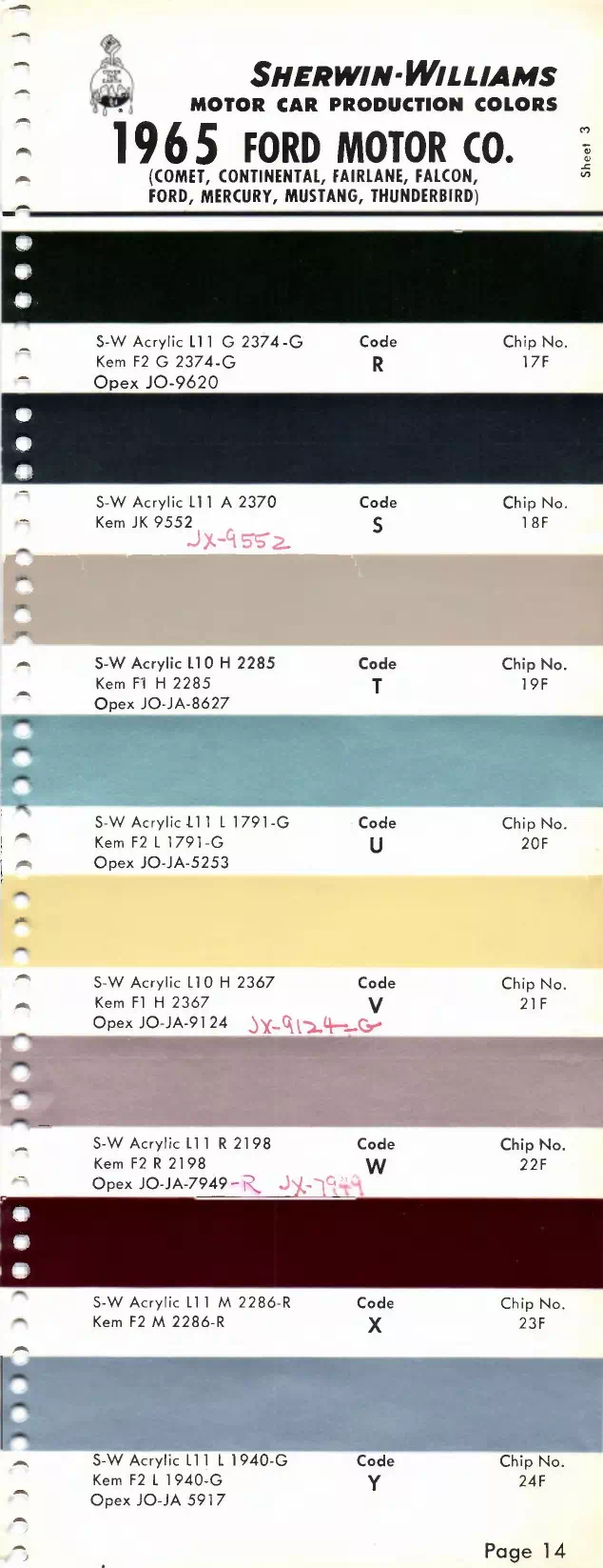 1965 Ford Motor Company, Comet, Lincoln, Continental, Fairlane, Falcon, Galaxie, Mercury, Mustang & T-Bird Paint Codes & Color Chart Paint color examples, their ordering codes, the oem color code, and vehicles the color was used on