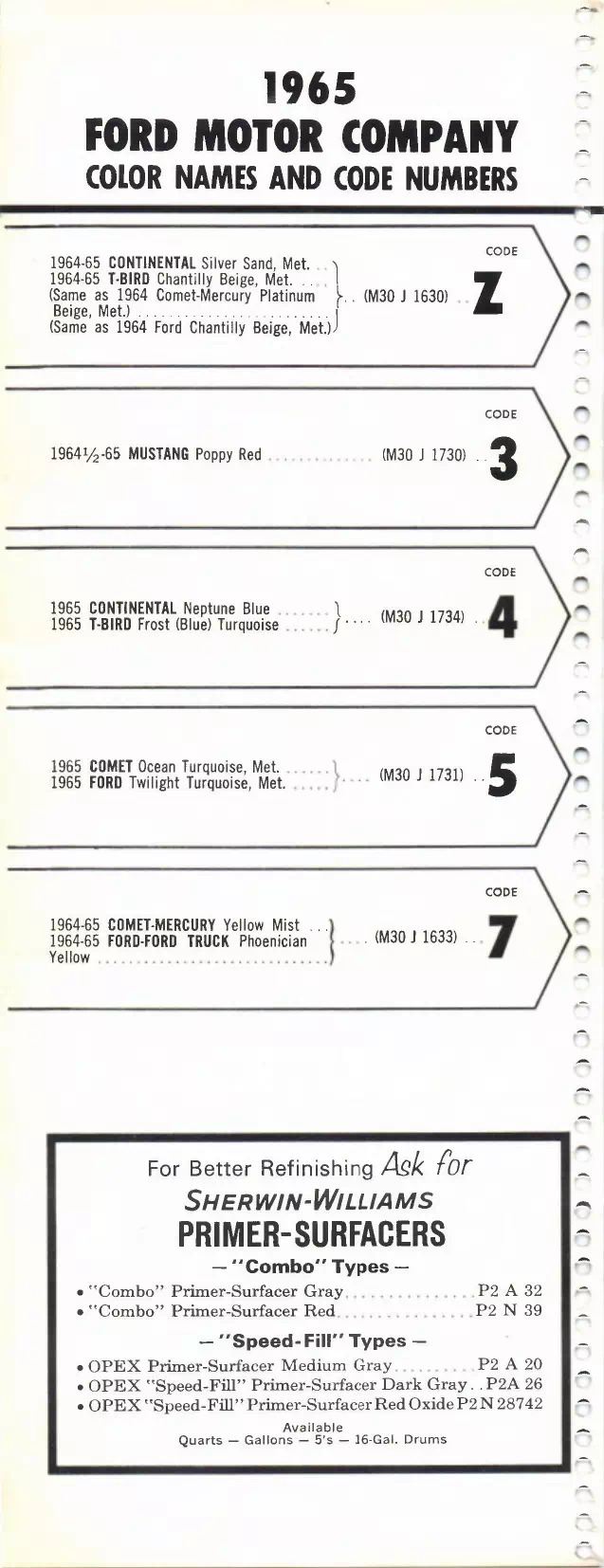 1965 Ford Motor Company, Comet, Lincoln, Continental, Fairlane, Falcon, Galaxie, Mercury, Mustang & T-Bird Paint Codes & Color Chart Paint color examples, their ordering codes, the oem color code, and vehicles the color was used on