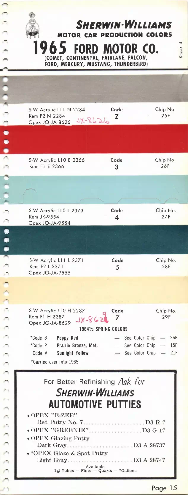 1965 Ford Motor Company, Comet, Lincoln, Continental, Fairlane, Falcon, Galaxie, Mercury, Mustang & T-Bird Paint Codes & Color Chart Paint color examples, their ordering codes, the oem color code, and vehicles the color was used on