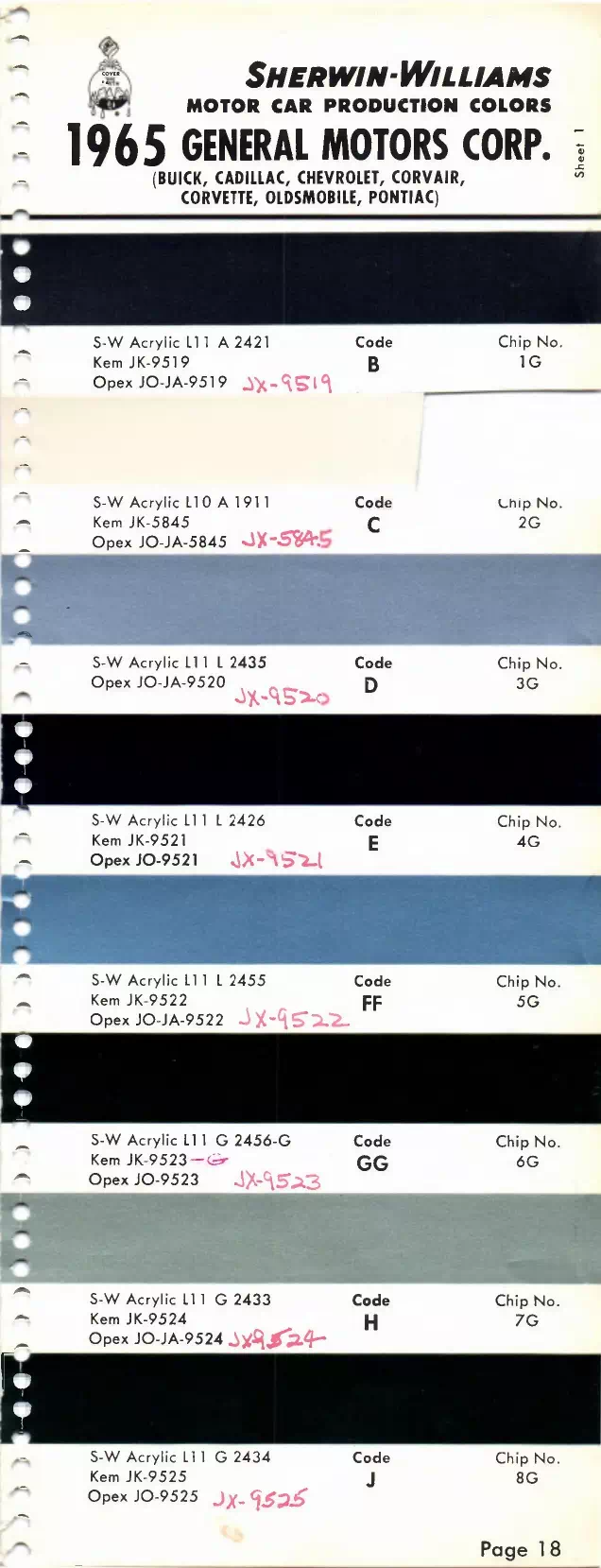 1965 Buick, Cadillac, Chevrolet, Corvair, Corvette, Oldsmobile, F-85, Pontiac & Tempest Paint Codes & Color Chart Paint color examples, their ordering codes, the oem color code, and vehicles the color was used on