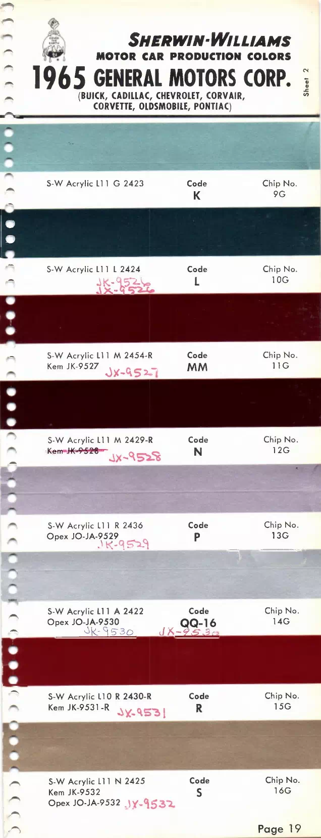 1965 Buick, Cadillac, Chevrolet, Corvair, Corvette, Oldsmobile, F-85, Pontiac & Tempest Paint Codes & Color Chart Paint color examples, their ordering codes, the oem color code, and vehicles the color was used on