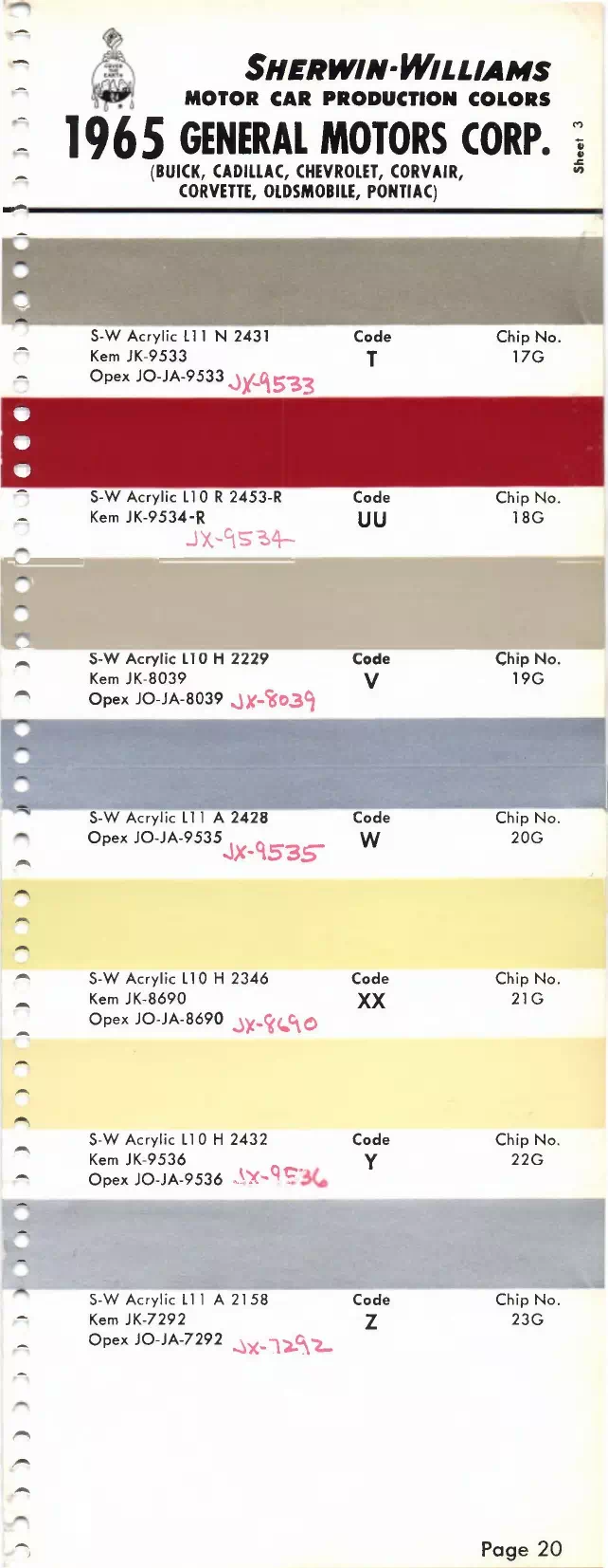 1965 Buick, Cadillac, Chevrolet, Corvair, Corvette, Oldsmobile, F-85, Pontiac & Tempest Paint Codes & Color Chart Paint color examples, their ordering codes, the oem color code, and vehicles the color was used on