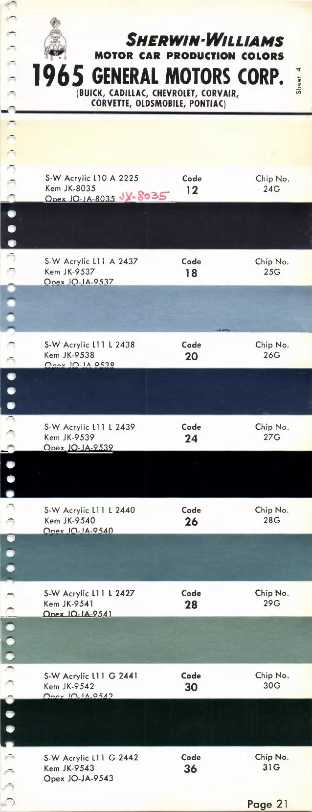 1965 Buick, Cadillac, Chevrolet, Corvair, Corvette, Oldsmobile, F-85, Pontiac & Tempest Paint Codes & Color Chart Paint color examples, their ordering codes, the oem color code, and vehicles the color was used on