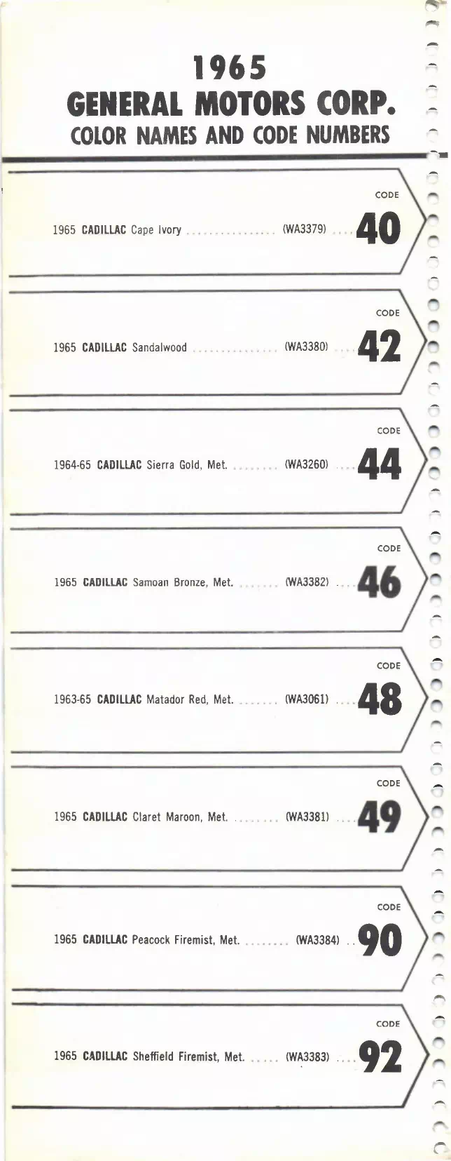 1965 Buick, Cadillac, Chevrolet, Corvair, Corvette, Oldsmobile, F-85, Pontiac & Tempest Paint Codes & Color Chart Paint color examples, their ordering codes, the oem color code, and vehicles the color was used on