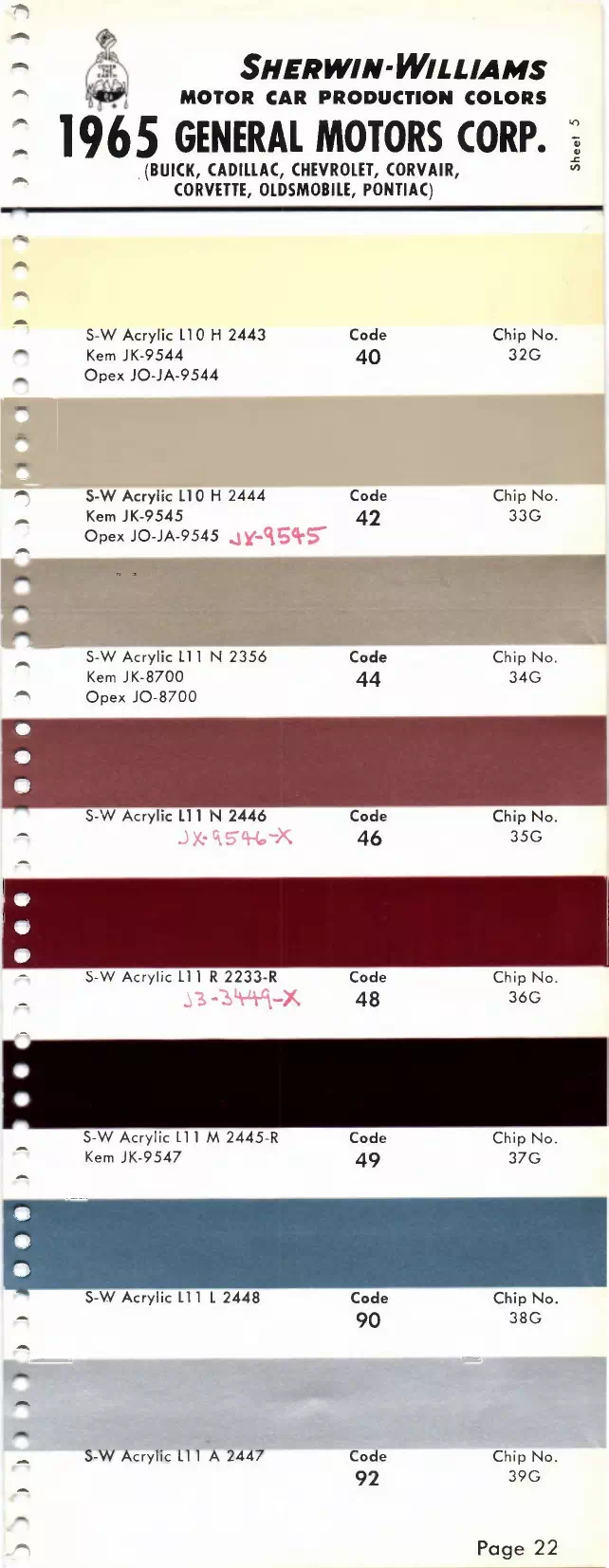 1965 Buick, Cadillac, Chevrolet, Corvair, Corvette, Oldsmobile, F-85, Pontiac & Tempest Paint Codes & Color Chart Paint color examples, their ordering codes, the oem color code, and vehicles the color was used on