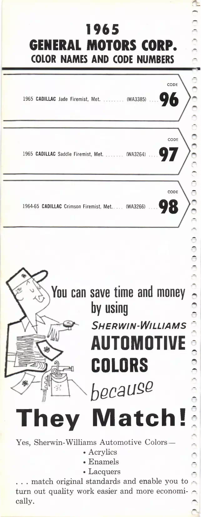 1965 Buick, Cadillac, Chevrolet, Corvair, Corvette, Oldsmobile, F-85, Pontiac & Tempest Paint Codes & Color Chart Paint color examples, their ordering codes, the oem color code, and vehicles the color was used on