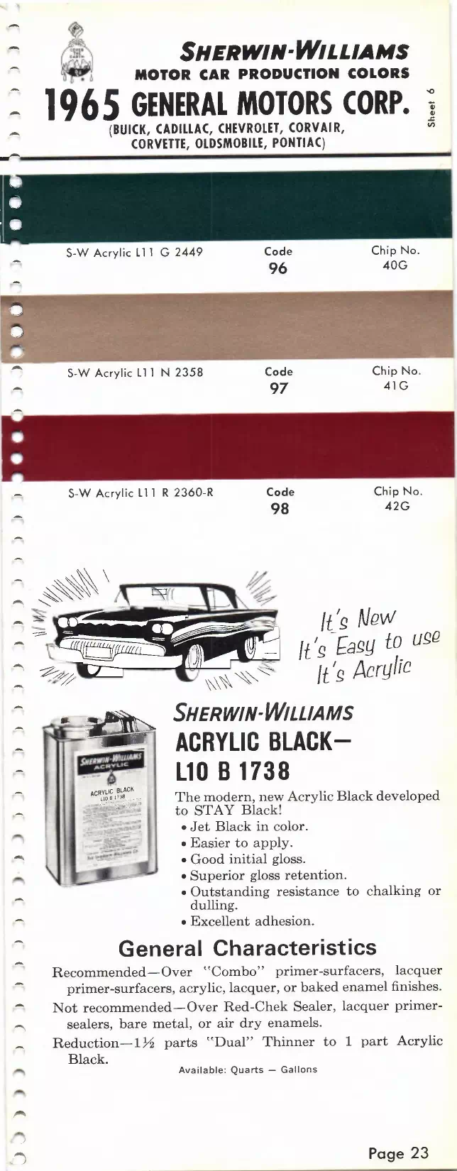 1965 Buick, Cadillac, Chevrolet, Corvair, Corvette, Oldsmobile, F-85, Pontiac & Tempest Paint Codes & Color Chart Paint color examples, their ordering codes, the oem color code, and vehicles the color was used on