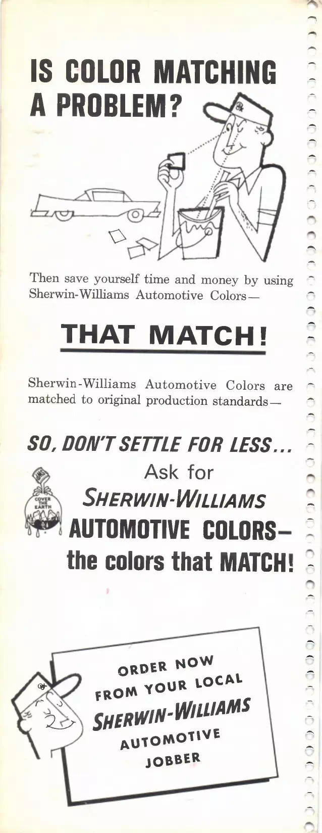 1965 Sherwin Williams Automotive Paint Advertisement Paint color examples, their ordering codes, the oem color code, and vehicles the color was used on