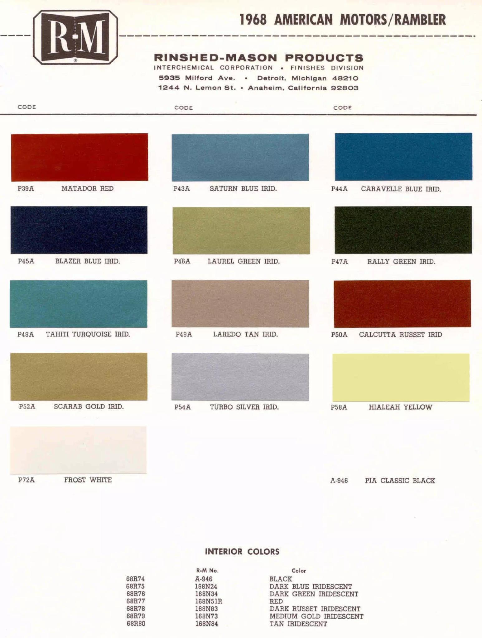 1968 Amc Paint Chart and Color Codes Paint Colors and Paint Codes Used on AMC Vehicles