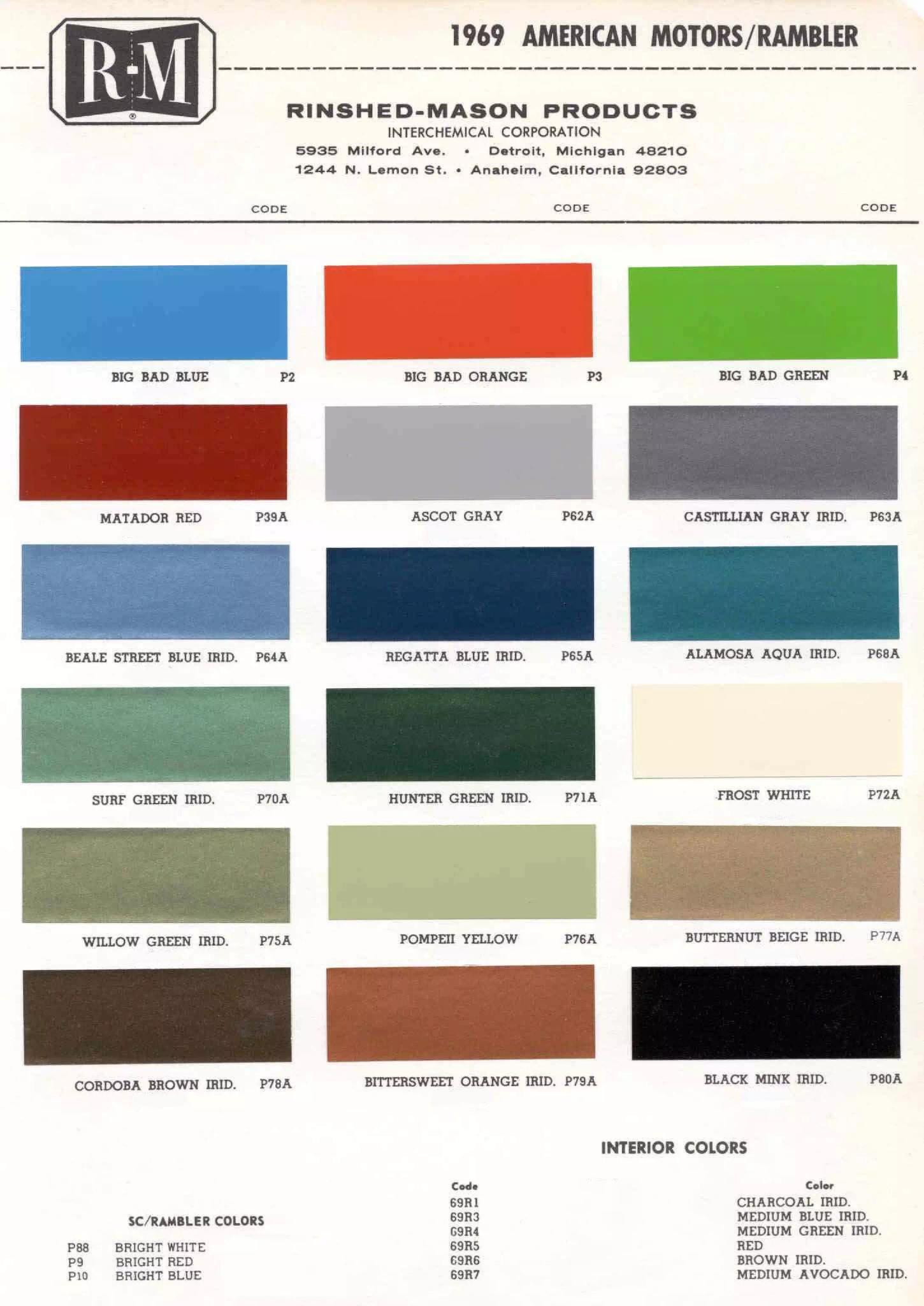 1969 Amc Paint Chart and Color Codes Paint Colors and Paint Codes Used on AMC Vehicles