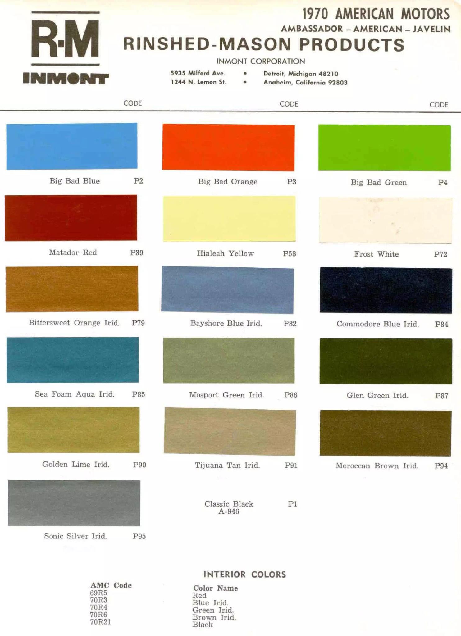 1970 Amc Paint Chart and Color Codes Paint Colors and Paint Codes Used on AMC Vehicles