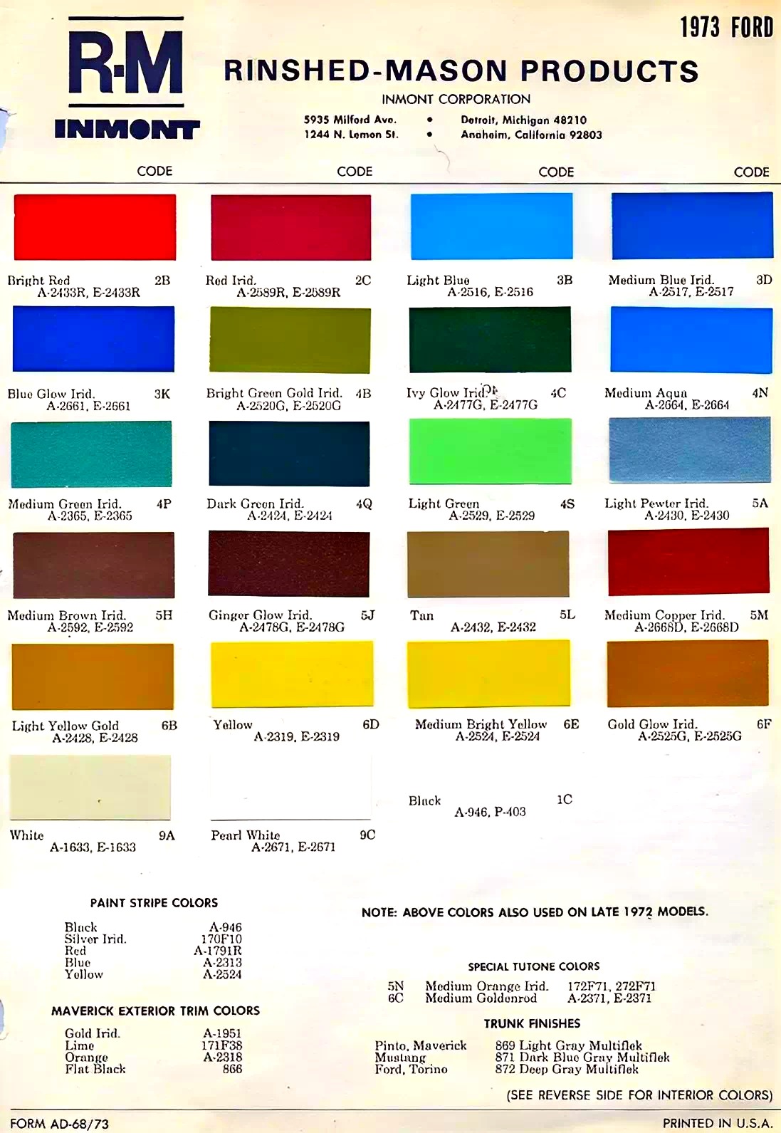 1973 Ford Passenger Vehicle Paint Codes and Color Chart Paint swatch examples, paint codes, mixing stock numbers for 1973 Ford Motor Company automobiles