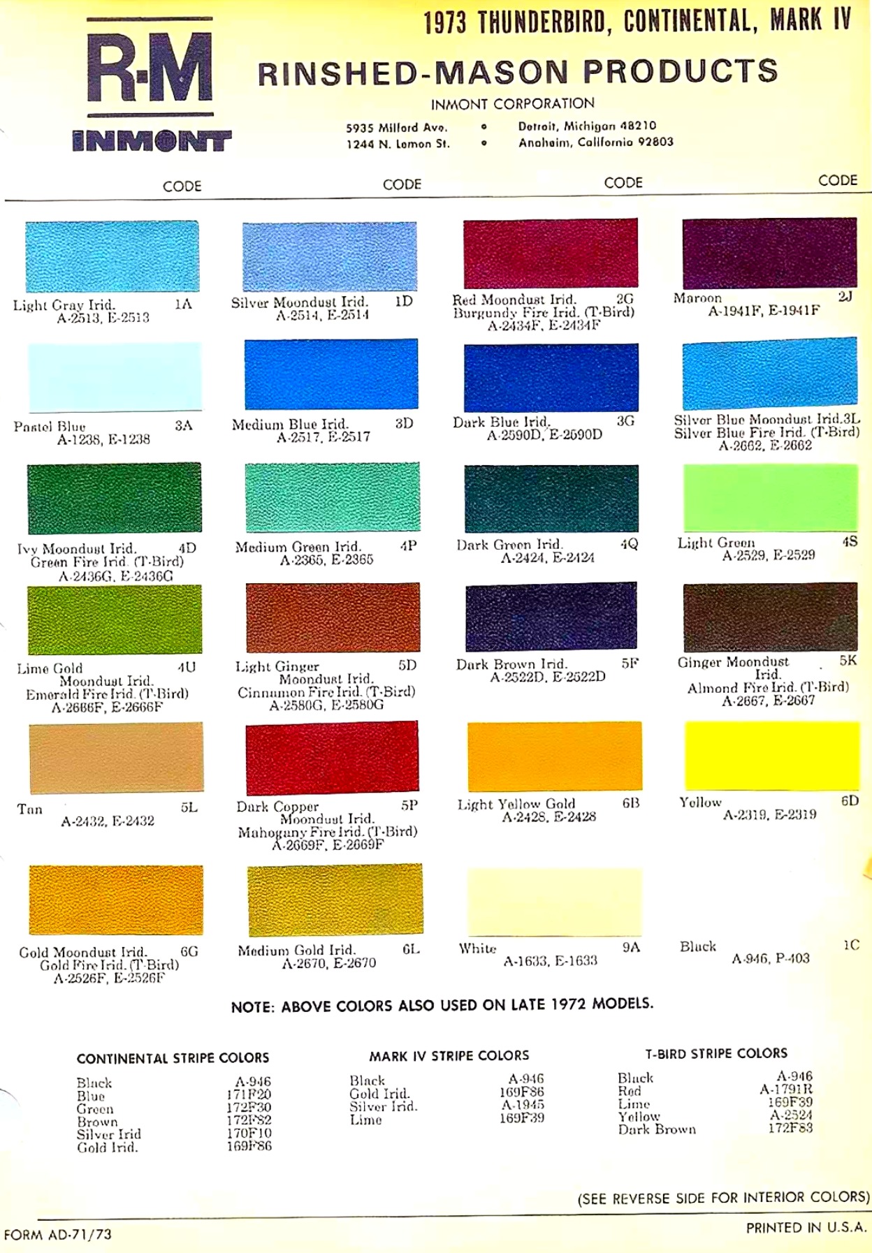 1973 Lincoln Paint Codes and Color Chart Paint swatch examples, paint codes, mixing stock numbers for 1973 Ford Motor Company automobiles